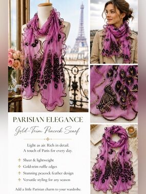 Parisian-style Gold-trim HOT PINK Peacock Scarf